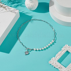 クリア キュービックジルコニア ハート ペンダント ネックレス 天然パール ビーズ付き  304ステンレススチールペーパークリップチェーンネックレス女性用  ステンレス鋼色  17.64インチ（44.8cm）&nbsp;NJEW-TA00048