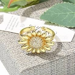 真鍮マイクロペーブクリアキュービックジルコニアカフリング  女性用ひまわりリング  ゴールドカラー  14.5x20mm  内径: 調節可能&nbsp;LS-RJEW-M029-01G