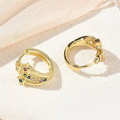 真鍮製マイクロパヴェキュービックジルコニアフープピアス  スター  カドミウムフリー＆鉛フリー  ラックめっき  長持ちメッキ  18KGP本金メッキ  15x16x11.5mm&nbsp;KK-EK0712-29G