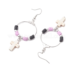女性用クロス合成ターコイズ＆ポリマークレイダングルイヤリング  真鍮製のピアスフック付き  ベージュ  69.5x29.5mm&nbsp;EJEW-JE05893-02