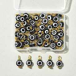 50個のレジンペンダント  ナザールボンジュウ付きフラットラウンド  鉄製の平頭ピンとループ付き  ブラック  16mm  穴：3mm&nbsp;PALLOY-FS00040-01