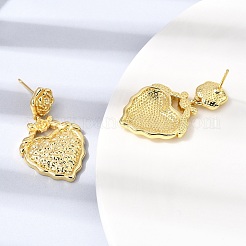 バレンタインデーの真鍮製ダングルスタッドピアス  花とハート  ラックめっき  長持ちメッキ  カドミウムフリー＆鉛フリー  18KGP本金メッキ  32.5x19mm&nbsp;EJEW-D355-10G