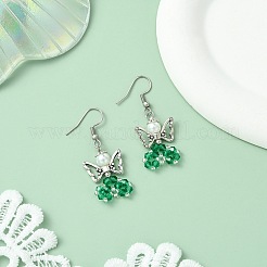 ガラスダングルピアス  合金ビーズと304ステンレススチールのピアスフック付き  天使  シーグリーン  44~45x18mm&nbsp;EJEW-MZ00319-02