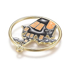 ハロウィンテーマアロイエナメルペンダント  黒い城のあるフラットラウンドい  ライトゴールド  24x22x1.5mm  穴：1.6mm&nbsp;X-ENAM-J649-12LG-02