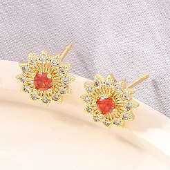 真鍮製 マイクロパヴェ キュービックジルコニア スタッドピアス 女性用  花  カドミウムフリー＆鉛フリー  長持ちメッキ  ラックめっき  18KGP本金メッキ  レッドオレンジ  9mm&nbsp;KK-A305-04G-01