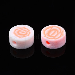 手作り樹脂粘土ビーズ  ジュエリー工芸用品のDIY用  花付きフラットラウンド  ライトサーモン  9~9.5x4~4.5mm  穴：1.8mm&nbsp;CLAY-N008-041J