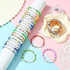 30個 30スタイル ポリマー粘土&ガラスビーズストレッチブレスレットセット  女性用友情文字スタッカブルブレスレット  ミックスカラー  6-7/8~7-1/8インチ（17.5~18cm）  内径：2インチ（5.2cm）  1個/スタイル&nbsp;BJEW-SW001584