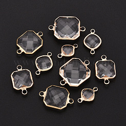 真鍮とガラスのリンク/コネクターチャーム  正方形の菱形  多面カット  ゴールドカラー  透明  15.5~23.5x9.5~16.5x4~7mm  穴：1.6~2.5mm&nbsp;GLAA-T027-14