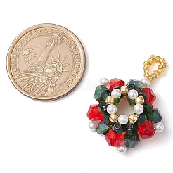 クリスマスガラスペンダント  シードビーズとプラスチックパール付き  クリスマスリース  ホワイト  33.5x26.5x9.7mm  穴：3.9mm&nbsp;PALLOY-JF03010-03
