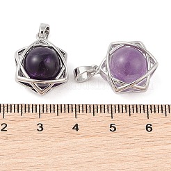 天然アメジストラウンドペンダント  ステンレススチールのダビデの星チャーム  ステンレス鋼色  20x15.5x10.5mm  穴：3x5mm&nbsp;G-M440-04F-P