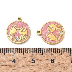 304ステンレススチールエナメルペンダント  約束と誓いのチャームが付いたフラットラウンドい形  ラインストーン付き  グリッターパウダー  18KGP本金メッキ  15x13x2mm  穴：1.2mm&nbsp;STAS-B142-10G