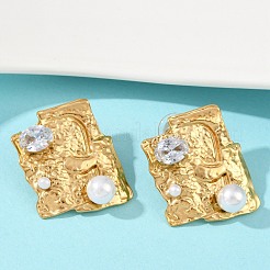 304ステンレススチールキュービックジルコニアスタッドピアス  プラスチック模造パールと  18KGP本金メッキ  ナゲット  27x23mm&nbsp;EJEW-Z110-03G-01