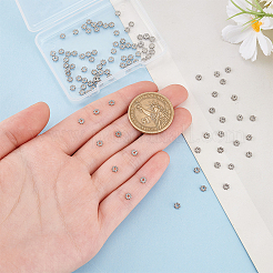 304ステンレススチールスペーサービーズ  花  粒状ビーズ  ステンレス鋼色  4x1.2mm  穴：1mm  100個/セット&nbsp;STAS-HY0001-48P