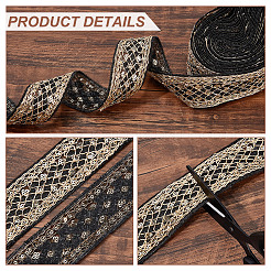 ポリエステル菱形刺繍レーストリム  スパンコール入り  衣類用アクセサリー  ブラック  1-5/8インチ（40mm）&nbsp;OCOR-WH0090-83A