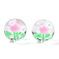 エナメルビーズ入り透明ガラス  花模様の丸  グリーン  17x16x15mm  穴：1.8~2mm&nbsp;LAMP-T011-20B