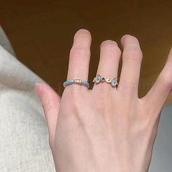 女性用合金エナメルとラインストーンのカフオープンリング  花  ゴールドカラー  淡いターコイズ  内径: 調節可能&nbsp;FS-WGC14BE-01