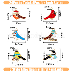 24本6スタイルアロイエナメルペンダント  帽子とスカーフをかぶった鳥  ライトゴールド  ミックスカラー  20~23x24.5~25x1.5mm  穴：2mm  4個/スタイル&nbsp;ENAM-DC0001-13