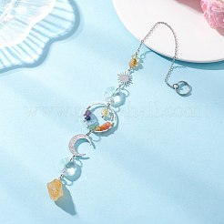 天然のイエロークォーツナゲットとガラスの吊り下げサンキャッチャー  天然の宝石チップと304ステンレススチールのサンムーンリンク付き  260~265x26mm&nbsp;HJEW-JM04489-03