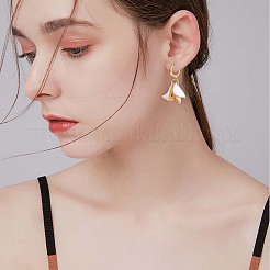 ホワイト エナメル ユリ フラワー ダングル フープ イヤリング  女性のための真鍮のアクセサリー  ゴールドカラー  32.5x18mm  ピン：1mm&nbsp;JE970A