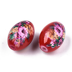 印刷およびスプレー塗装された不透明なガラスビーズ  花柄のオーバル  レッド  15x10mm  穴：1.6mm&nbsp;LS-GLAA-S047-07B-D01