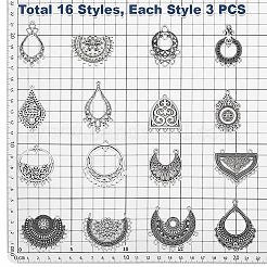 48 個 16 スタイルのチベットスタイル合金シャンデリアコンポーネントリンク  アンティークシルバー  混合図形  30~45.5x22~43x1.2~4mm  穴：0.8~4mm  3個/スタイル&nbsp;FIND-PH0061-94