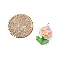 ガラスシードビーズの花のペンダント  樹脂と真鍮の金具付き  ピンク  25x14x13mm  穴：3x2.5mm&nbsp;PALLOY-MZ00521-01