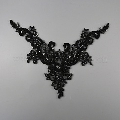 手縫い花柄ラインストーン衣装アップリケ  v 形のビーズのアップリケ  ジェット  350x360x6mm&nbsp;PATC-WH0009-08B