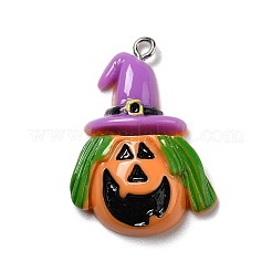 ハロウィン不透明樹脂ペンダント  プラチナトーンの鉄ループ付き  魔女の帽子とカボチャ  カラフル  32x24.5x7mm  穴：2mm&nbsp;RESI-B011-12