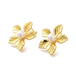 ラックメッキフラワー真鍮＆ABS模造真珠スタッドピアス  鉛フリー＆カドミウムフリー  長持ちメッキ  18KGP本金メッキ  30x30mm&nbsp;EJEW-I310-21G