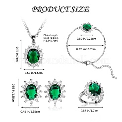 キュービックジルコニア オーバル ペンダント ネックレス & リンク ブレスレット & カフ リング & スタッド イヤリング  女性用プラチナ真鍮ジュエリーセット  グリーン  413mm  167mm  内径：17mm  13.5x11.5mm  ピン：0.7mm&nbsp;SJEW-SZC0001-01B