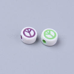不透明な白いアクリルビーズ  混合色のピースサインが付いたフラットラウンド  6.5x3.5mm  穴：1.6mm&nbsp;X-MACR-S273-42