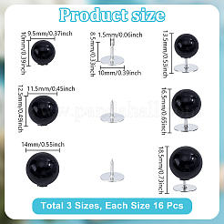 48個 3スタイル プラスチックパール 縫い付けボタンなし  ラウンド  針48本付き  ブラック  13.5~18.5x10~14mm  16個/スタイル&nbsp;FIND-NB0006-78A