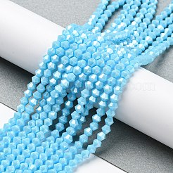 不透明なソリッドカラーの電気めっきガラスビーズ連売り  パール光沢メッキ  多面カット  双円錐形  ディープスカイブルー  4x4mm  穴：0.8~1mm  約75~78個/連  28~29cm&nbsp;GLAA-F029-P4mm-C12