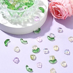 スプレー塗り透明ガラス・ビーズ  チューリップの花と葉  ミックスカラー  6.5~9x9~14x4.5~5.5mm  穴：1mm&nbsp;GLAA-YW0003-76