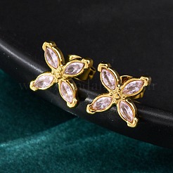 304ステンレススチールスタッドピアス  キュービックジルコニア付き  イオンプレーティング（ip）  花  ゴールドカラー  ピンク  13x13mm&nbsp;X-EJEW-C135-01G-04