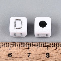 不透明なアクリルビーズ  文字付きのキューブ  シルバーライン入り  文字d  9~10x9~10x9~10mm  穴：4mm  約625個/500g&nbsp;SACR-T035-03D
