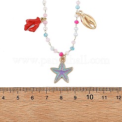 海洋合金エナメルヒトデタコ魚マルチペンダントネックレス  304ステンレススチールとガラスビーズのチェーンネックレス  カラフル  ゴールドカラー  15.94インチ（40.5cm）&nbsp;NJEW-JN06510