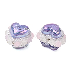 Rwsin & abs イミテーションパール＆ポリマークレイビーズ  ハートとバラの花  パープル  22.5~24x27~29x23~24mm  穴：2~3mm&nbsp;RE-CBA1913-01G