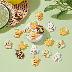 20 個 5 スタイル蜂テーマ不透明樹脂ペンダント  プラチナトーンの鉄ループ付き  混合図形  23~28x19~24x8mm  穴：2mm  4個/スタイル&nbsp;RESI-CJ0003-81