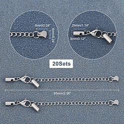 304ステンレススチールチェーンエクステンダー20セット  コードエンドとカニカン付き  ハートチャーム  ステンレス鋼色  30mm  穴：3mm&nbsp;FIND-FH0003-06