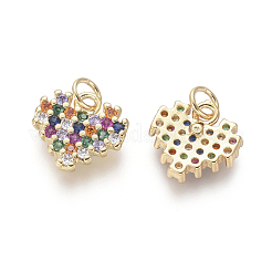 金メッキ真鍮チャーム  キュービックジルコニアと丸カン  ハート  カラフル  10x10x2mm  穴：2.5mm&nbsp;ZIRC-L087-013G