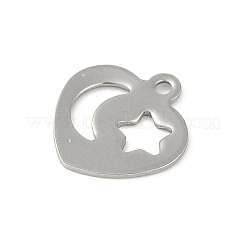 変色しない201ステンレススチールチャーム  月と星のチャームが付いたハート  ステンレス鋼色  13x13x1mm  穴：1.4mm&nbsp;STAS-C108-24P