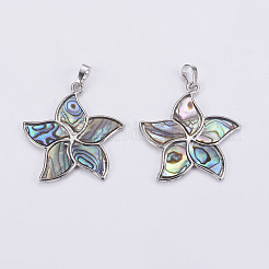 アワビの殻/パウア殻のペンダント  プラチナ調の真鍮製のベール  花  41~41.5x38x2~3mm  穴：5x8mm&nbsp;SSHEL-L008-24A