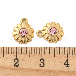 304ステンレスペンダント  ラインストーン付き  花のチャーム  14KGP本金メッキ  ライトローズ  11x9x3mm  穴：1.5mm&nbsp;X-STAS-L080-003G-01