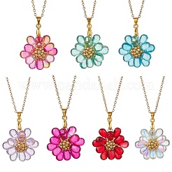 7個 7色の花の手作りガラスシードビーズペンダントネックレス  女性用304ステンレススチールアズキチェーンジュエリー  ゴールドカラー  ミックスカラー  13.86インチ（35.2cm）  1個/スタイル&nbsp;NJEW-MZ00096