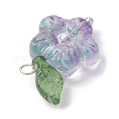 透明なガラスの花とアクリルの葉のペンダント  真鍮のループを有します  ミックスカラー  銀  19.5x12.5x5mm  穴：1.5mm&nbsp;PALLOY-JF02287-01