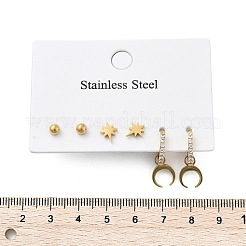 304ステンレススチールラインストーンムーン＆スター＆ラウンドピアスセット  イオンプレーティング（ip）  18KGP本金メッキ  22x8mm&nbsp;EJEW-Z098-22G