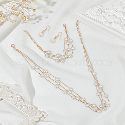 プラスチックイミテーションパールビーズスタッドピアス & トリプルレイヤーネックレス & マルチ連ブレスレット  女性のための鉄のジュエリーセット  ライトゴールド  13mm  ピン：0.6mm  205mm  103mm&nbsp;SJEW-LP0001-94