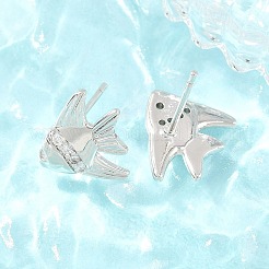 真鍮製マイクロパヴェキュービックジルコニアスタッドピアス  魚  鉛フリー＆カドミウムフリー  長持ちメッキ  ラックめっき  プラチナ  14x13.5mm&nbsp;EJEW-G471-27P