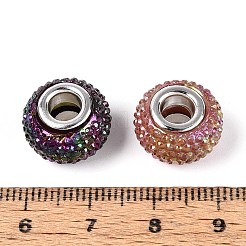 大きな穴の樹脂ラインストーンヨーロピアンビーズ  プラチナ真鍮二重コアを持つ  ロンデル  ミックスカラー  14x9mm  穴：5mm&nbsp;OPDL-T003-01I